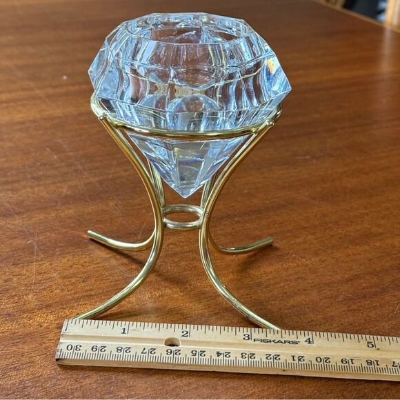 PARTYLITE Diamond Solitaire Shaped 24% Lead Crystal Candle Holder Gold Stand - Picture 7 of 10